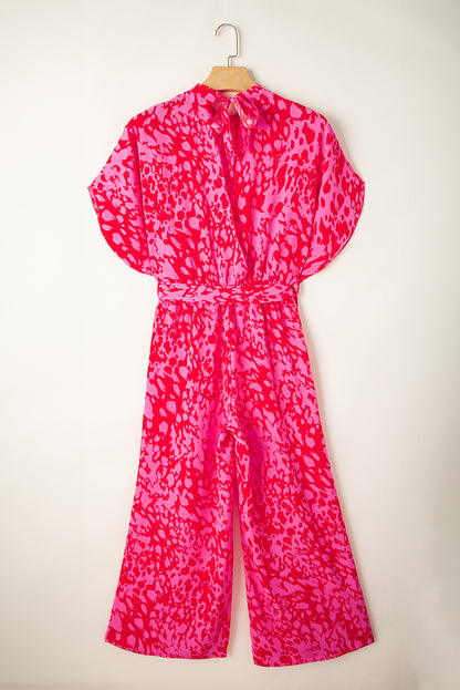 Rose leopard lose ärmel gürtel mit weitem bein jumpsuit