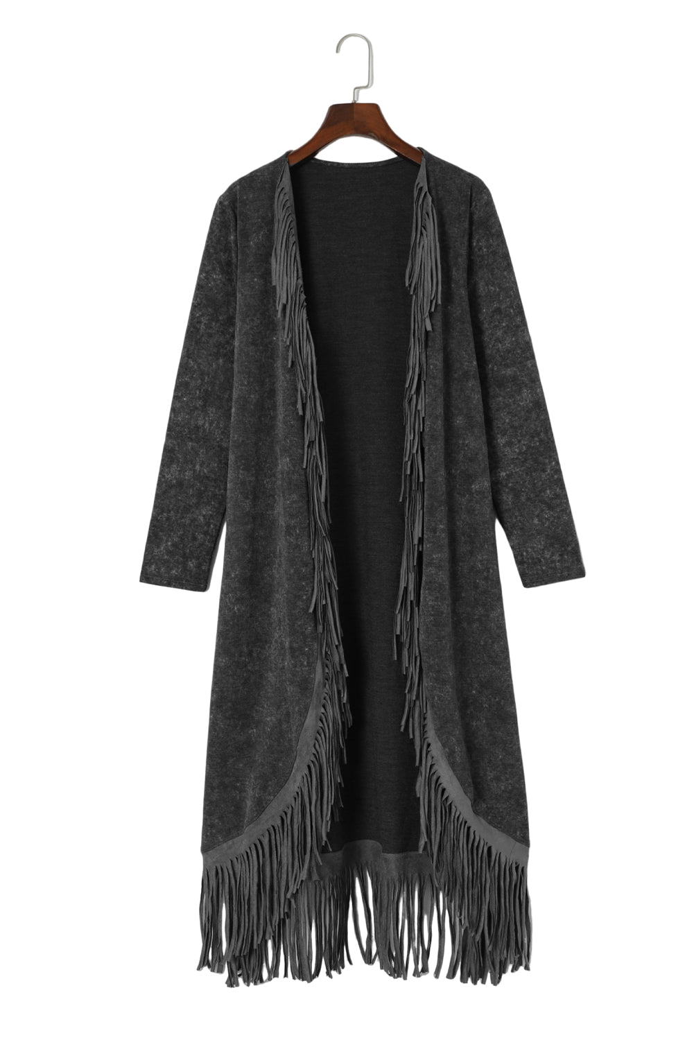 Schwarzer cardigan mit offener tasche und fransensaum