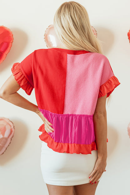 Tomatenroter mix gestricktes patchwork mit rüschenbesatz lockerer pullover