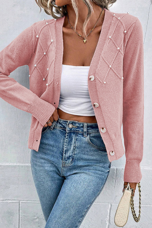 Sepia rose strukturierte strickjacke mit perlen und knopfleiste
