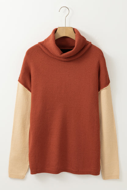Clay roter farbblock-rollkragenpullover mit tropfenschulter-strickpullover