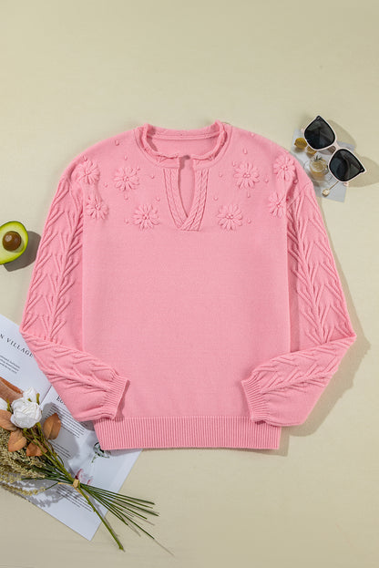 Pfirsichblüte blumendetail gestrickter pullover mit gekerbtem hals