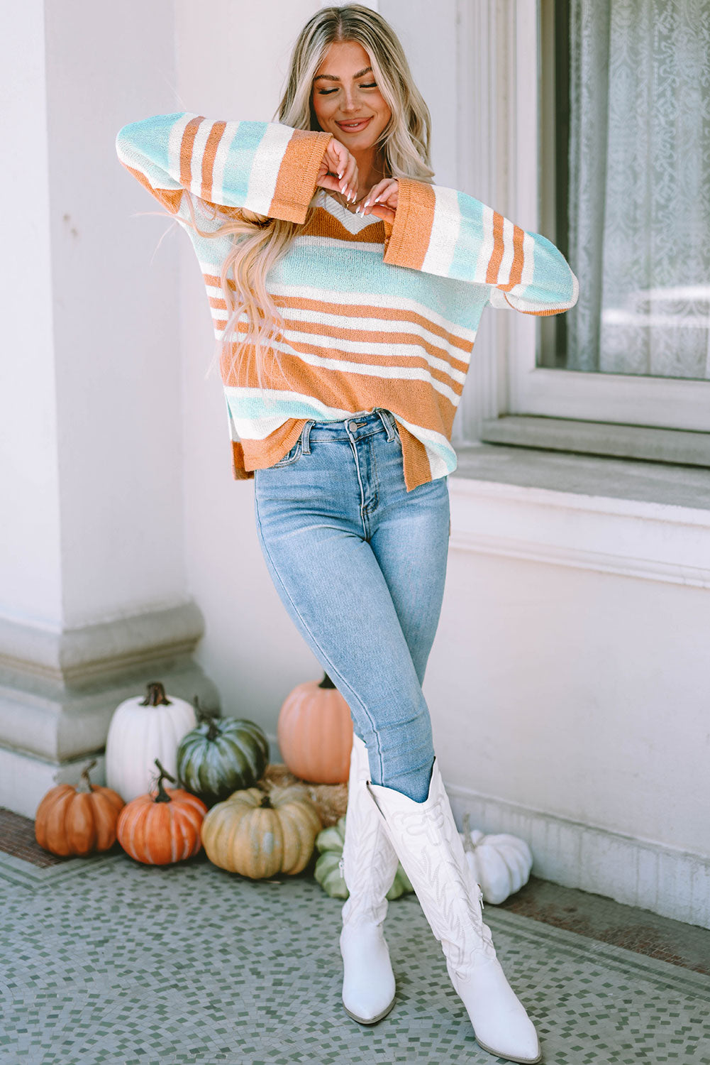 Mehrfarbiger colorblock-streifen langärmeliger geteilter pullover