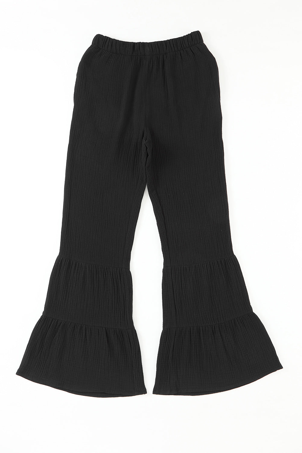 Schwarze strukturierte hose mit hoher taille und gerafftem glockenboden