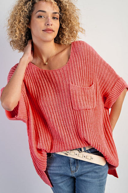 Fresh salmon rolled cuffs lose gestricktes tee mit schlitzen