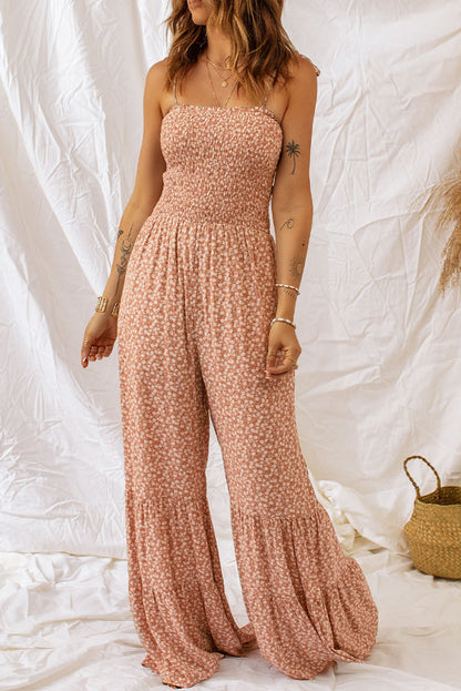 Khaki dünne träger gesmoktes oberteil weites bein floral jumpsuit