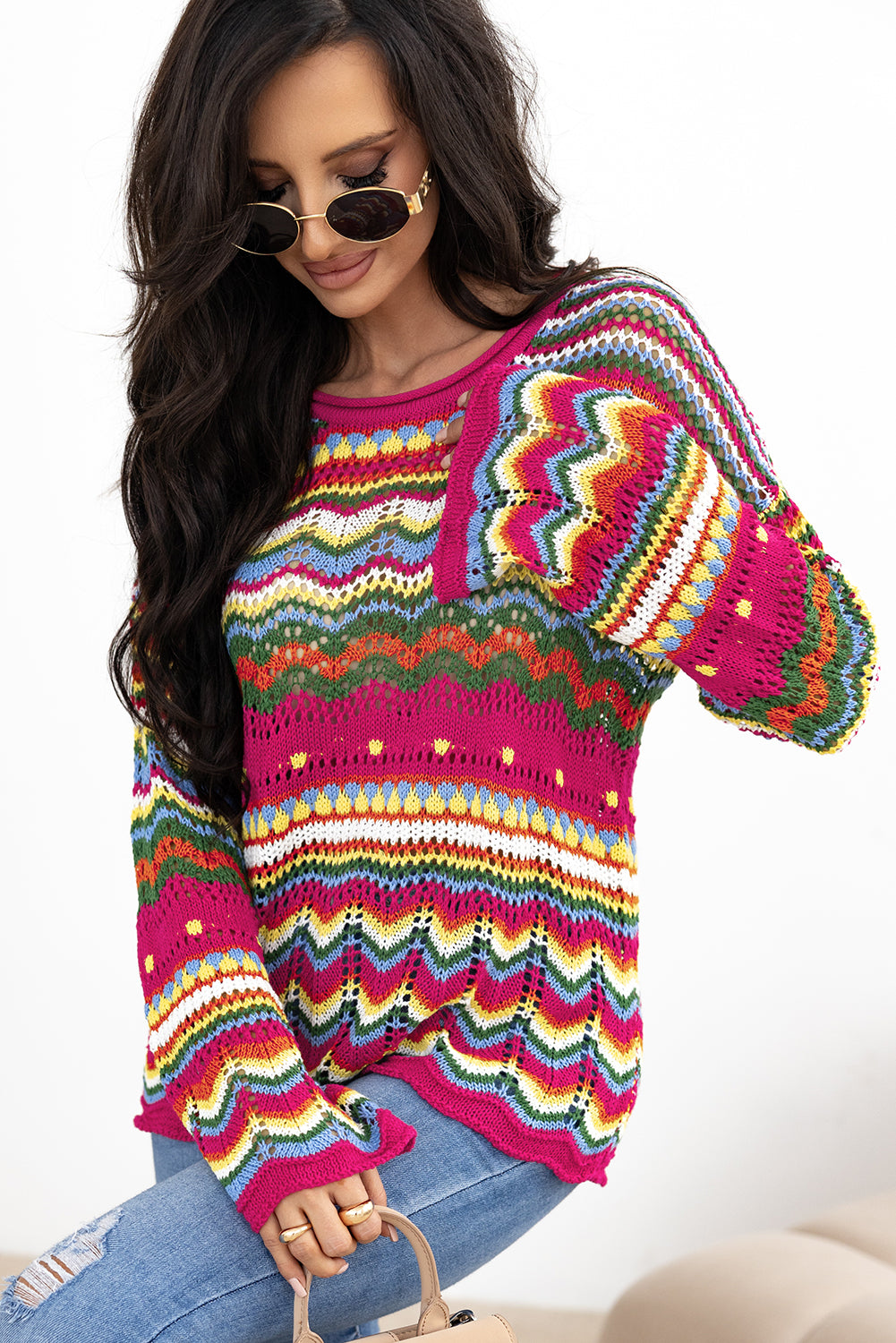 Rosenroter colorblock gestreifter strickpullover mit losen ärmeln