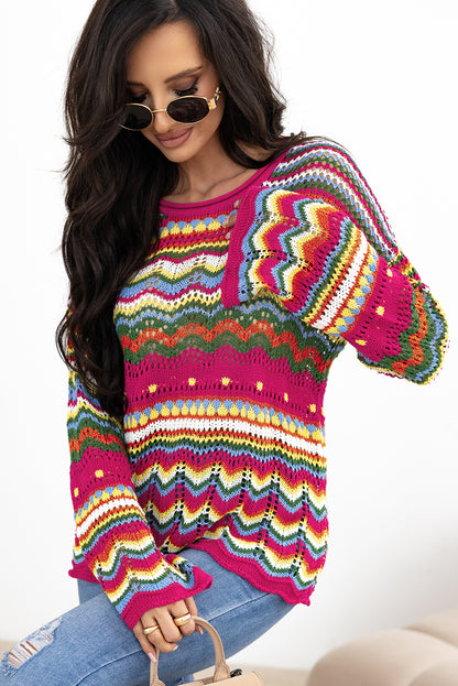 Rosenroter colorblock gestreifter strickpullover mit losen ärmeln