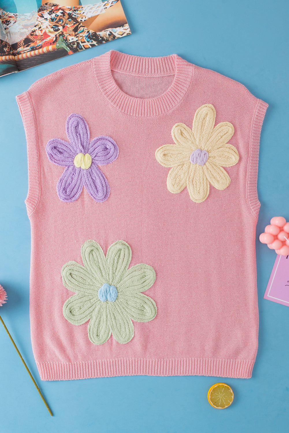 Rosa multi crochet flower knit kurzarm pullover top