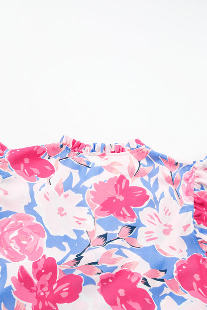 Rosa floral bedrucktes v gekerbtes ric rac kleid mit flatterärmeln