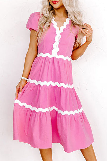 Bonbon-Ric-Rac-Besatz kurzes Midikleid mit fließenden Puffärmeln