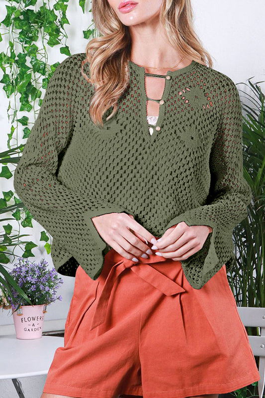 Vineyard green offener strick mit geknöpftem halsausschnitt pullover mit geteilten ärmeln