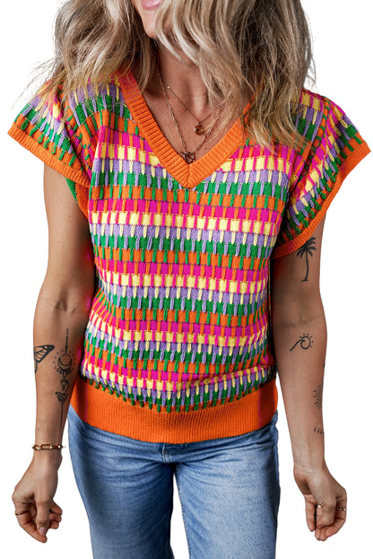 Orange multi flatterärmel strickpullover top