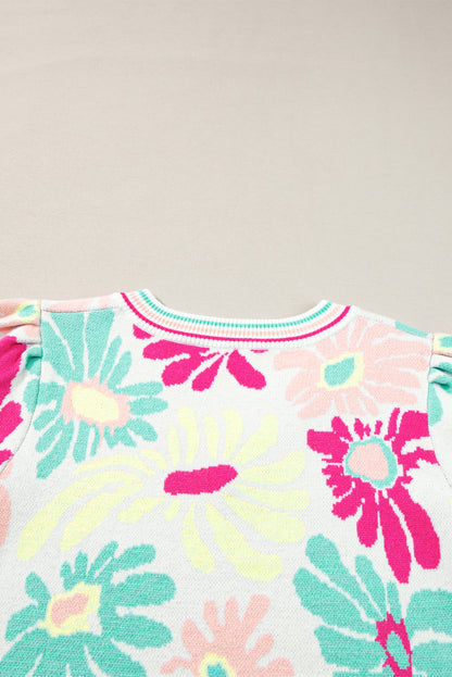 Mehrfarbig floral print v-ausschnitt kurzarm pullover