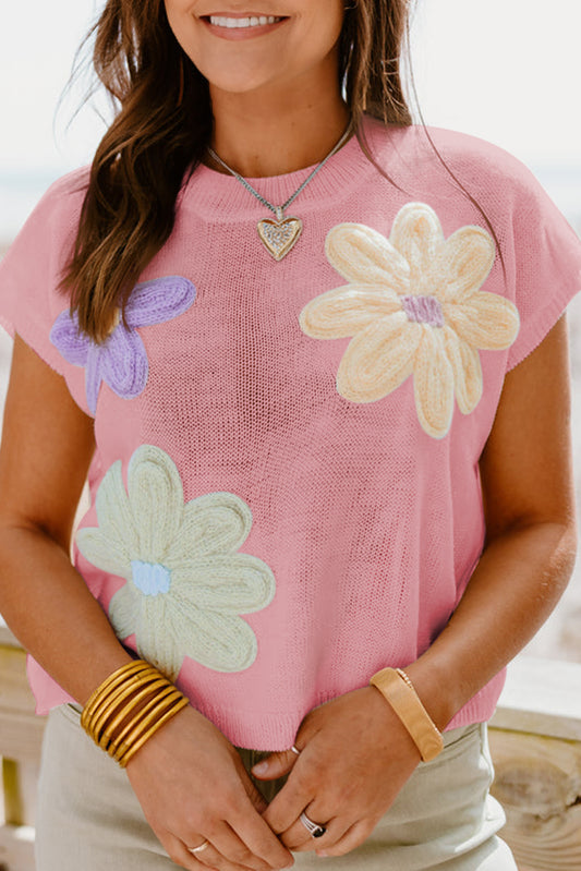 Rosa multi crochet flower knit kurzarm pullover top