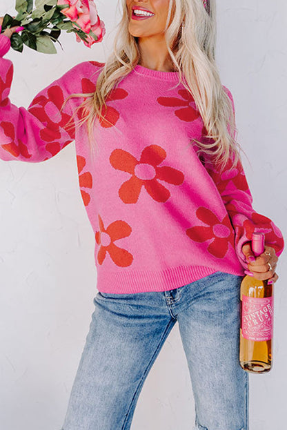 Rose big flower strickpullover mit gerippten abschlüssen