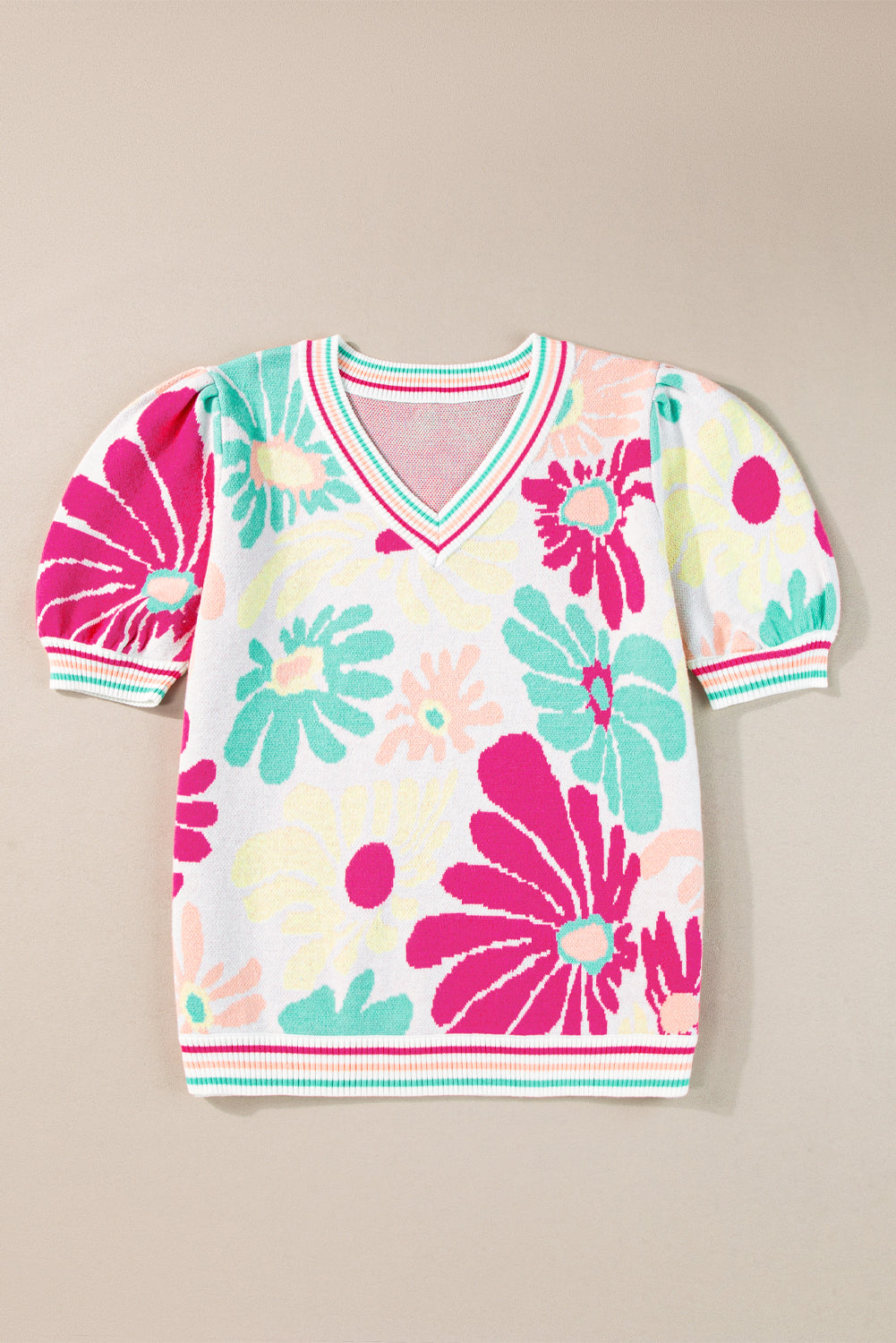 Mehrfarbig floral print v-ausschnitt kurzarm pullover