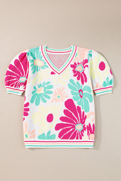 Mehrfarbig floral print v-ausschnitt kurzarm pullover