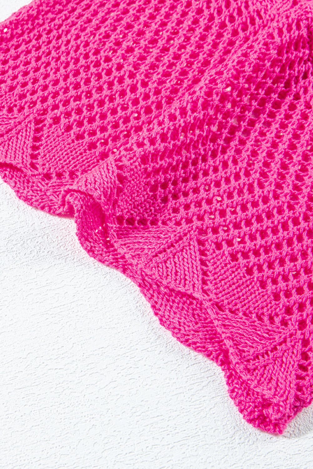Rose red pointelle knit jakobsmuschel rand kurzarm top