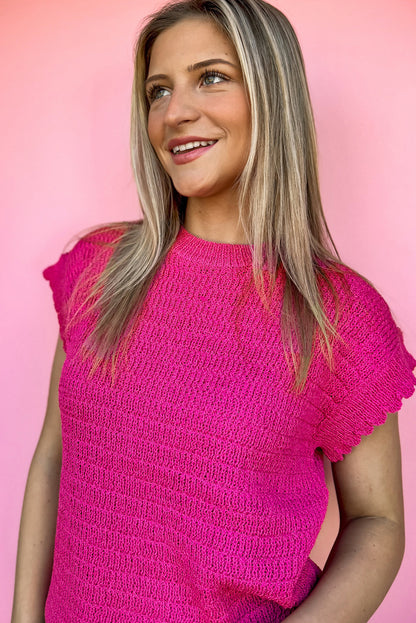 Rose red scalloped short sleeve sommer pullover top