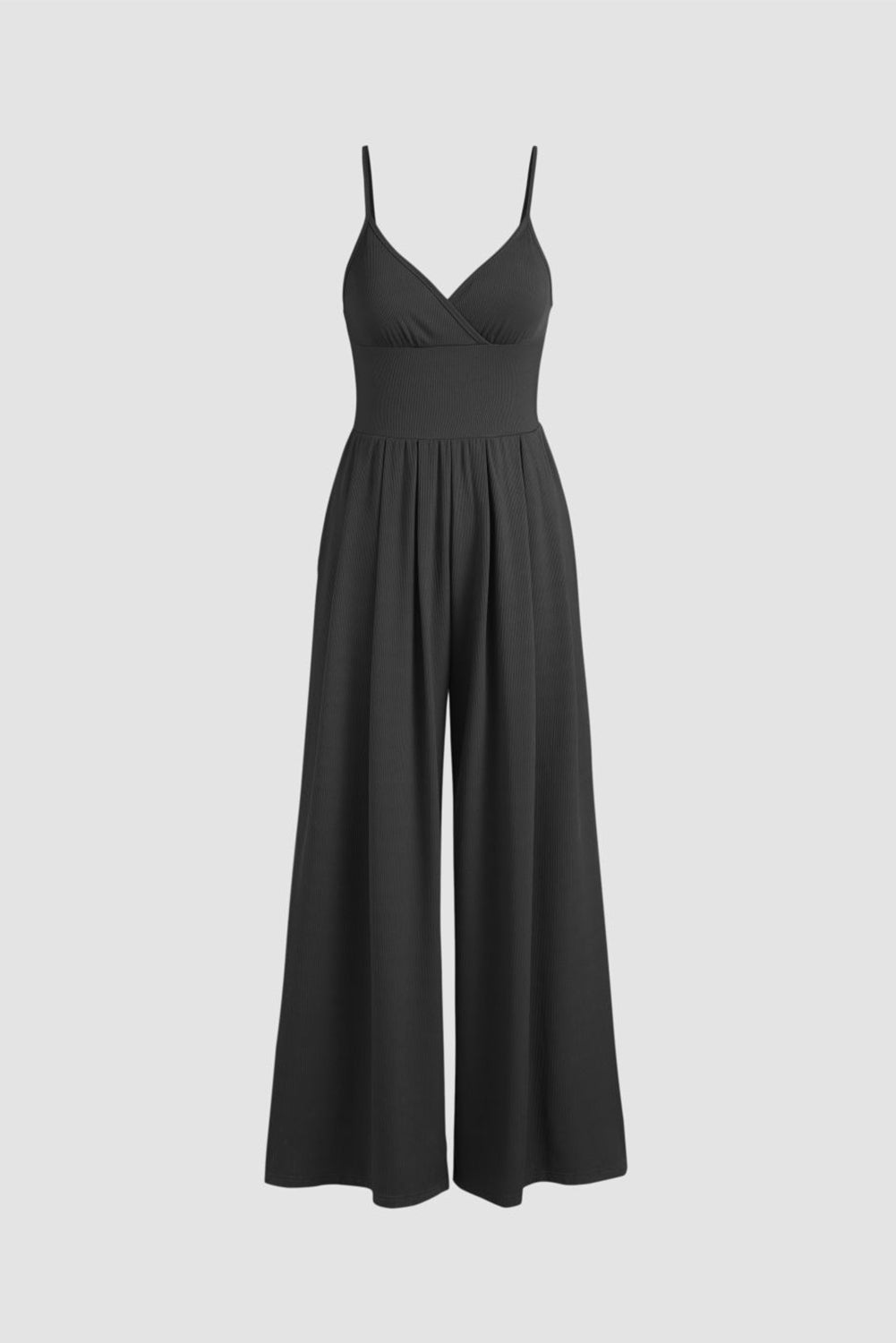 Schwarzes weites bein mit hoher taille sexy v-ausschnitt cami jumpsuit