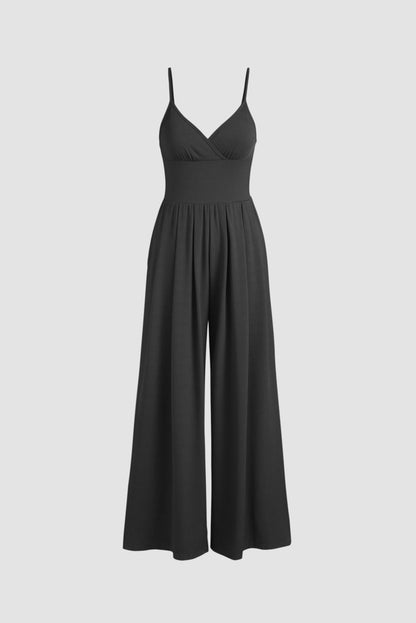 Schwarzes weites bein mit hoher taille sexy v-ausschnitt cami jumpsuit