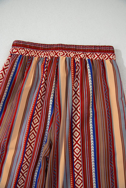 Rote boho ethnostreifen print krawatte taille weites bein hose