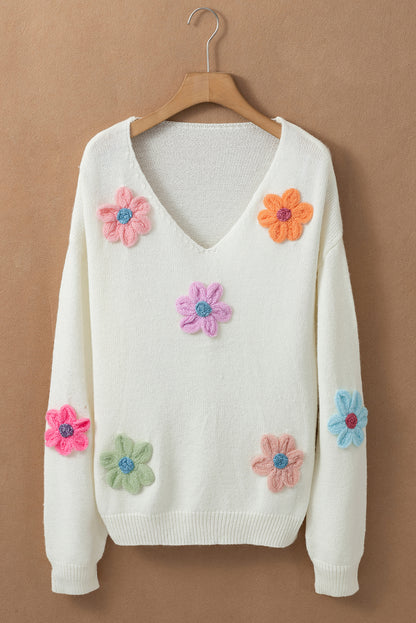 Weißer gehäkelter blumen-v-ausschnitt-pullover