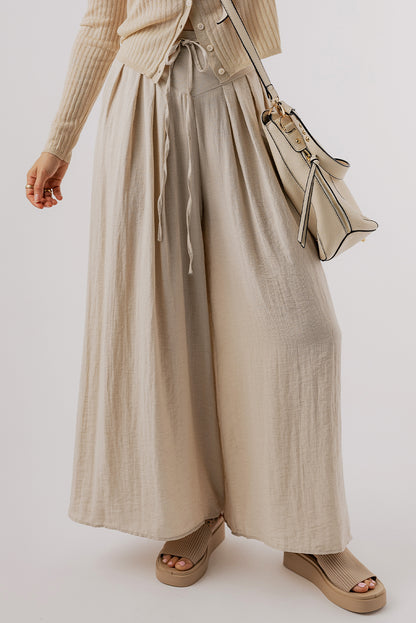 Beige kordelzug taille plissiert weites bein freizeithose