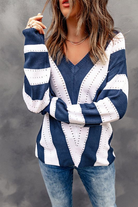 Blau gestreifter colorblock v-ausschnitt strickpullover