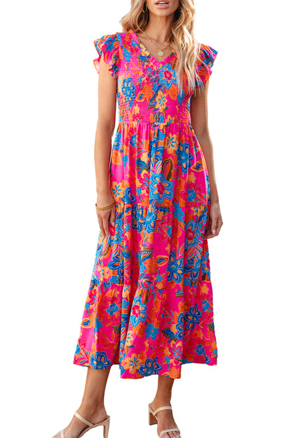 Rosenrot boho floral v-ausschnitt rüschen gestreift langes kleid