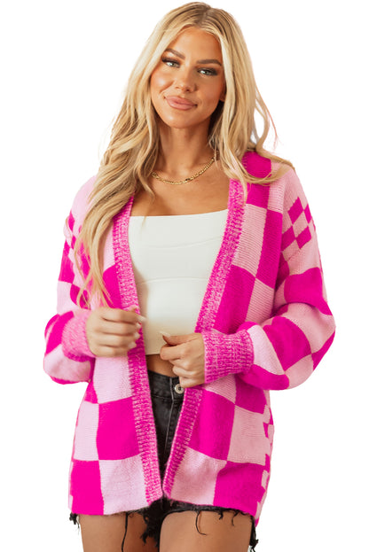 Rot karierte strickjacke mit geripptem saum und offener vorderseite