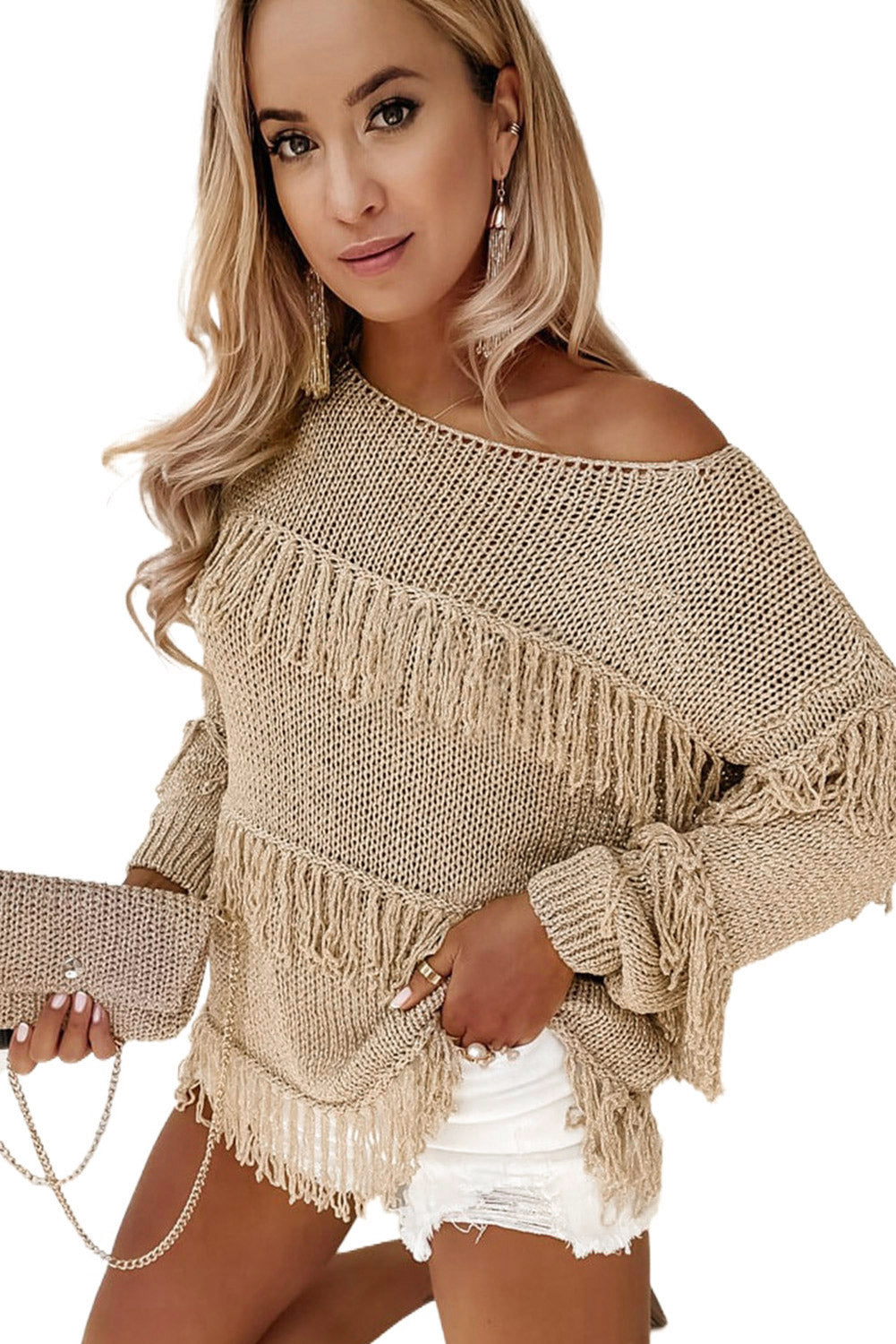 Khakifarbener boho-strickpullover mit quasten