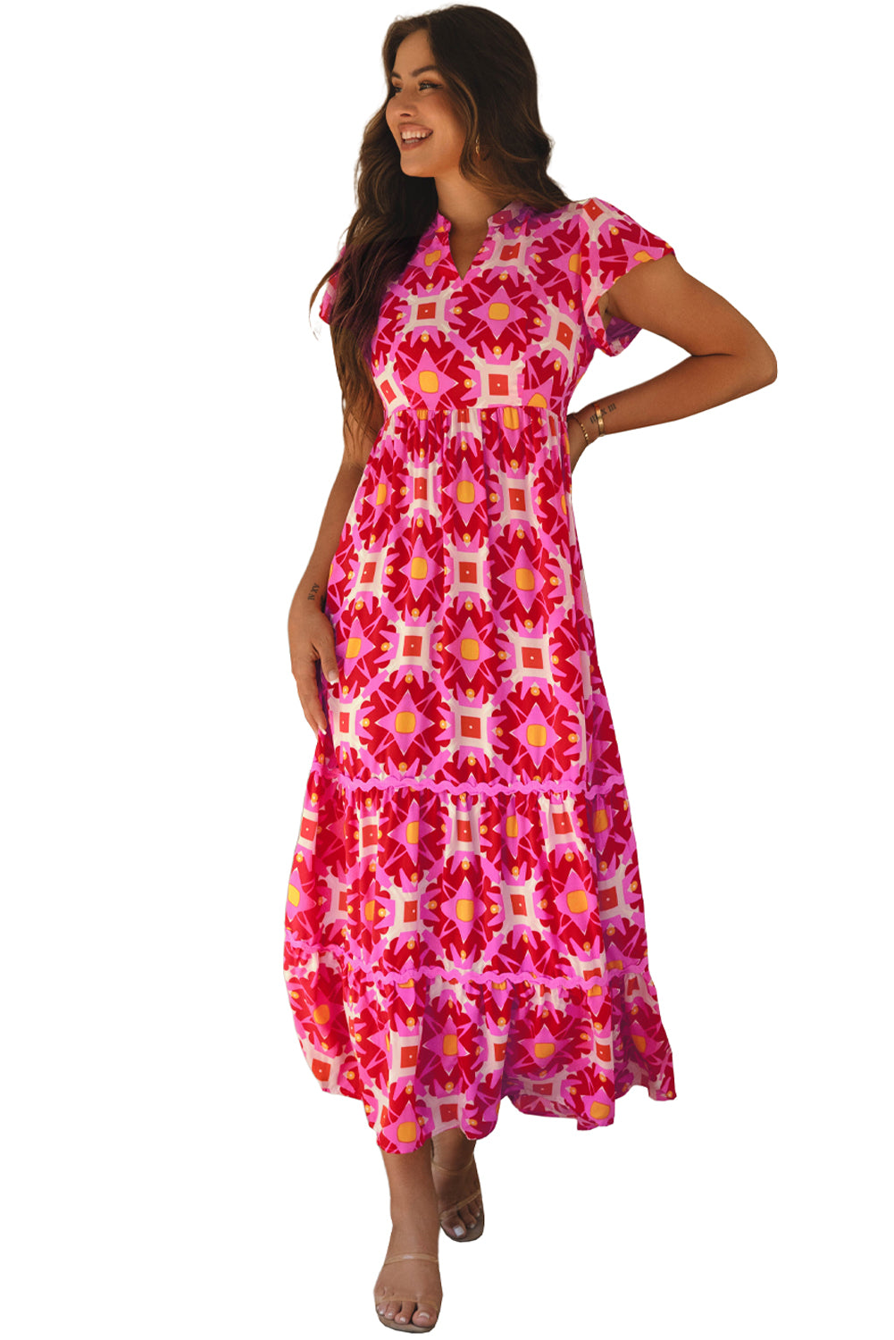 Erdbeerrosa geo-print maxikleid mit v-ausschnitt