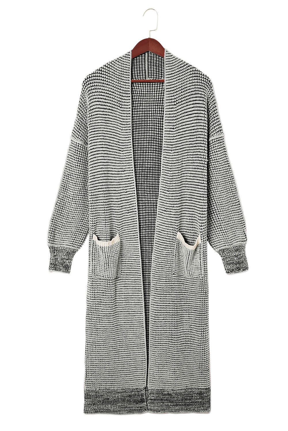 Grauer strukturierter strick-cardigan mit taschen