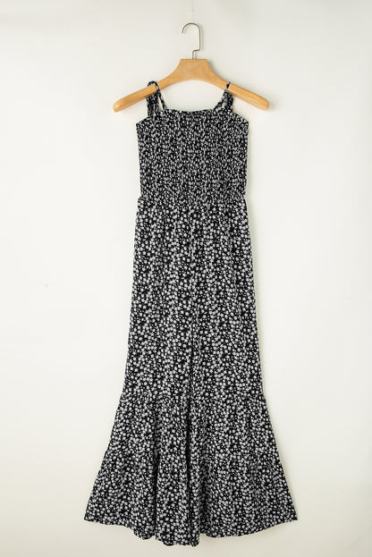 Schwarzer schmaler riemen gesmokter mieder weites bein floraler jumpsuit