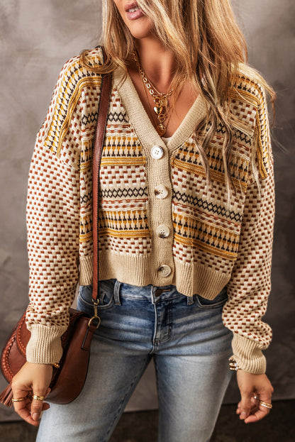 Khaki geknöpfter v-ausschnitt gekürzte strickjacke