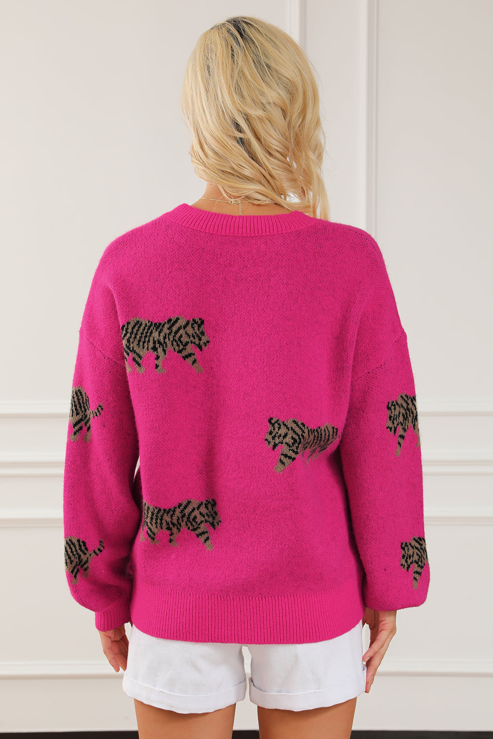Rose rot fierce animal pattern casual pullover gestrickt