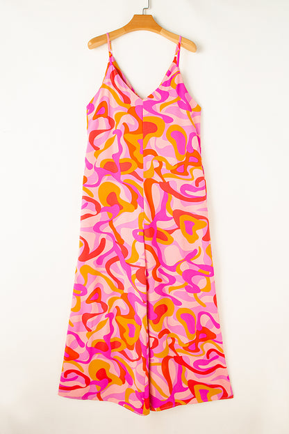 Rosa boho abstrakt druck v-ausschnitt weites bein jumpsuit