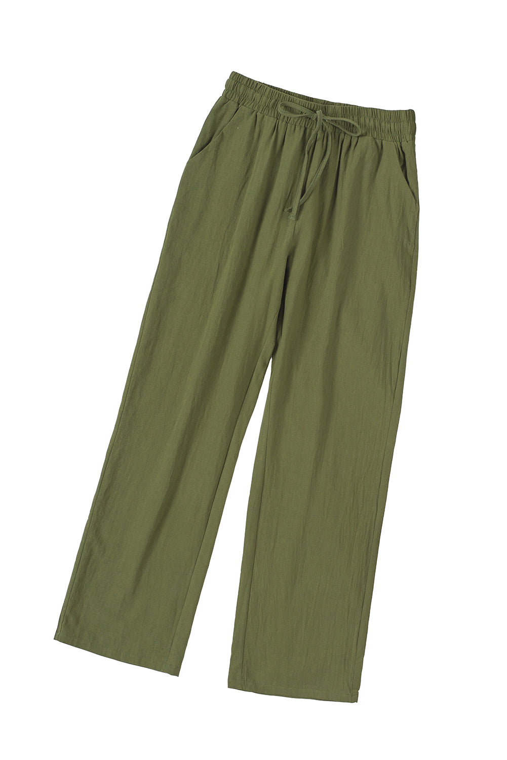 Grüne hose mit kordelzug und elastischer taille lange, gerade hosenbeine