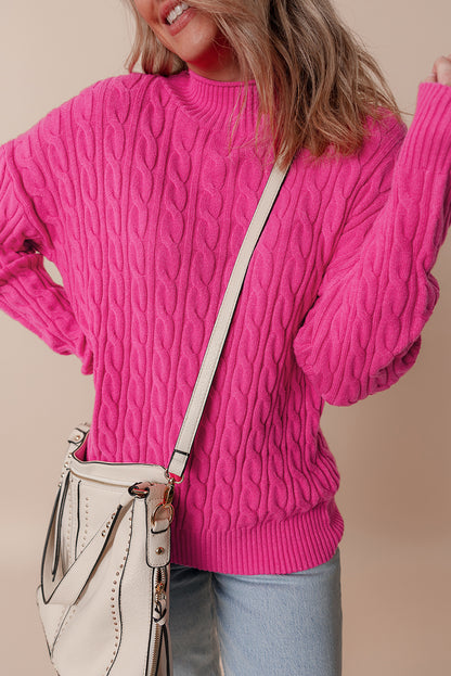 Rose red solid kabel stricken hohen hals drop shoulder pullover