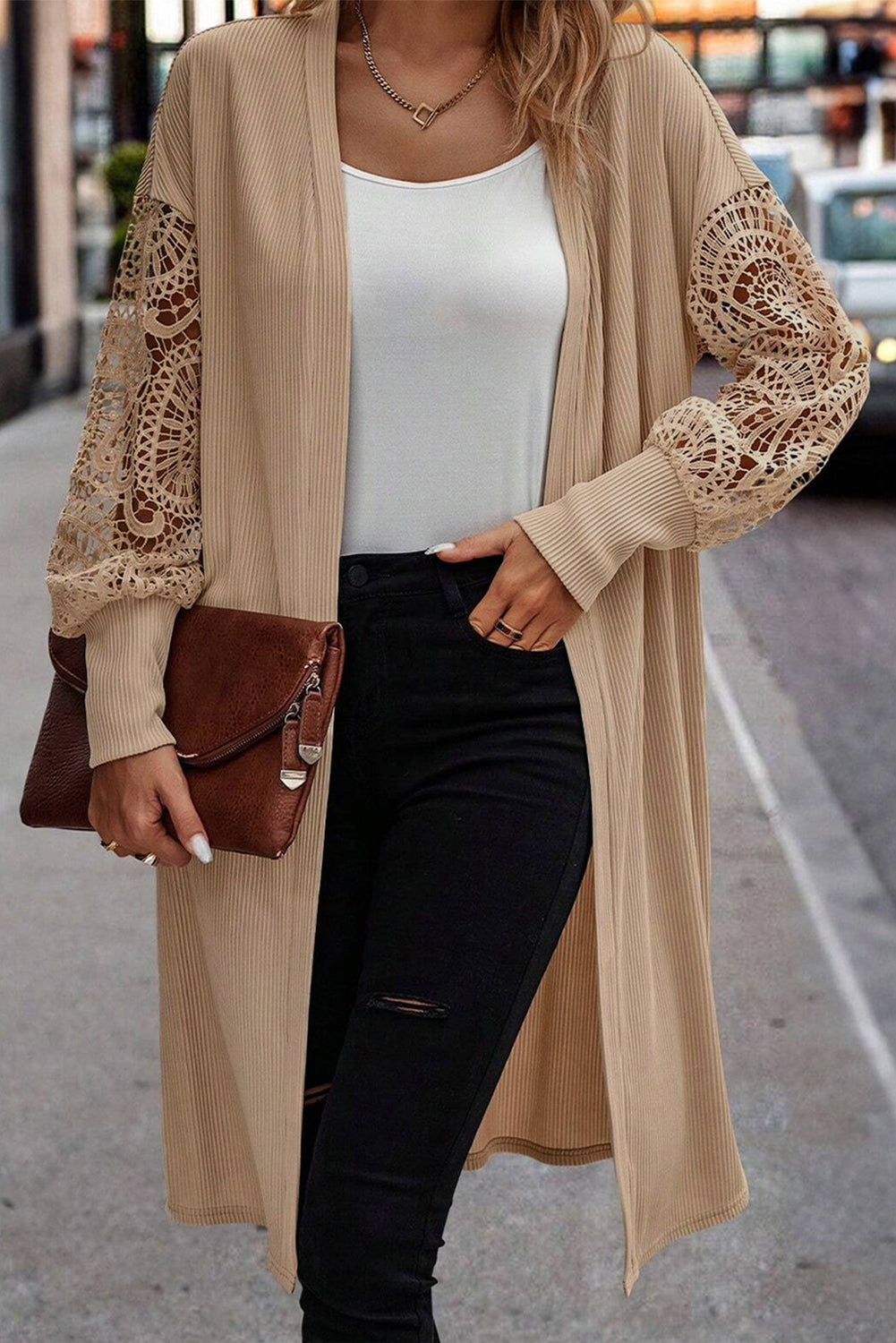 Pergamentspitze patchwork rippenstrick strickjacke mit offener vorderseite