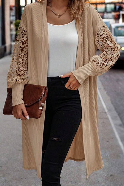 Pergamentspitze patchwork rippenstrick strickjacke mit offener vorderseite