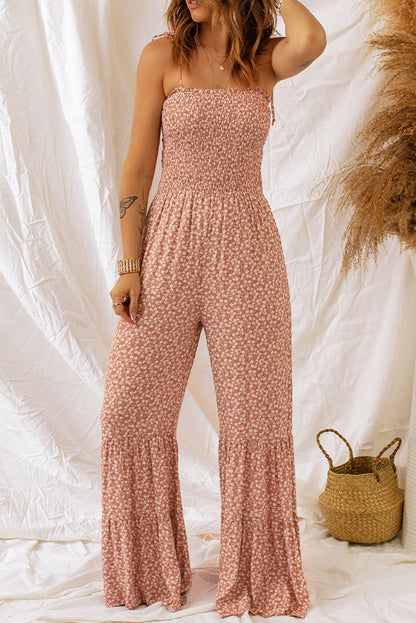 Khaki dünne träger gesmoktes oberteil weites bein floral jumpsuit