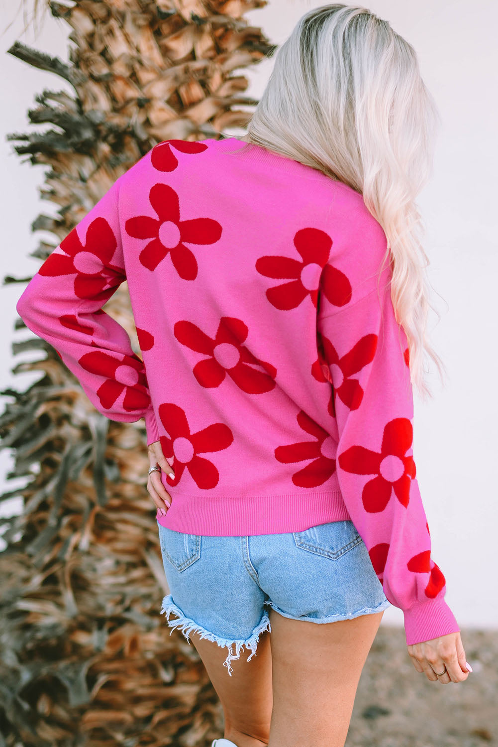 Rose big flower strickpullover mit gerippten abschlüssen