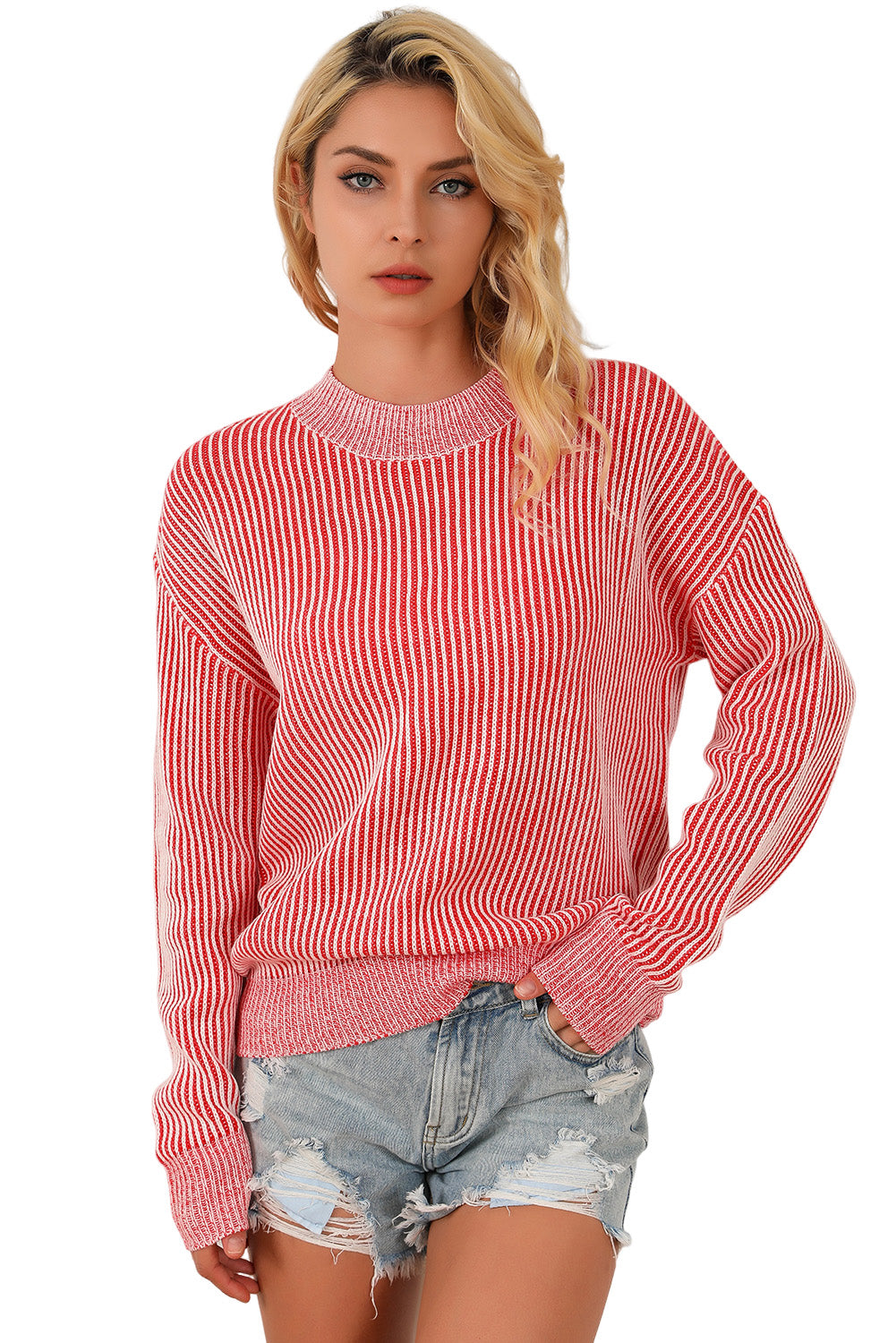 Gestreifter druck gerippter besatz pullover mit rundhalsausschnitt