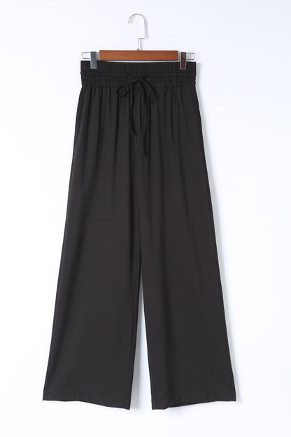 Schwarzer kordelzug elastische taille lässige hose mit weitem bein