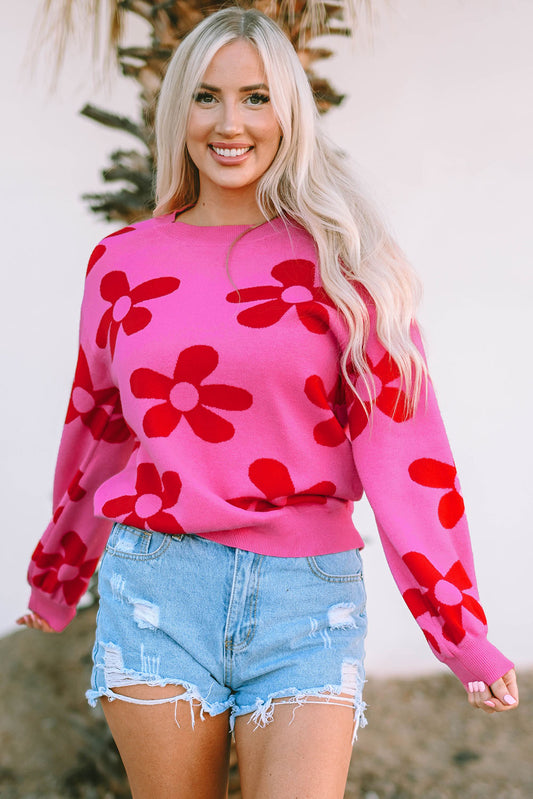 Rose big flower strickpullover mit gerippten abschlüssen