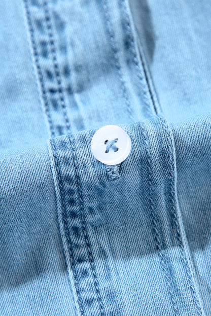Myosotis Geraffter V-Ausschnitt Geknöpftes Shift-Denim-Kleid