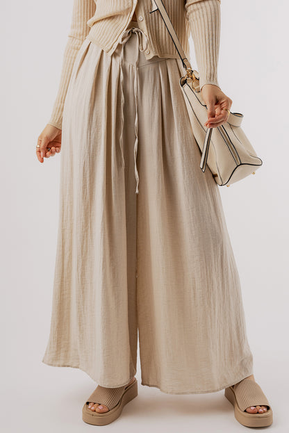 Beige kordelzug taille plissiert weites bein freizeithose